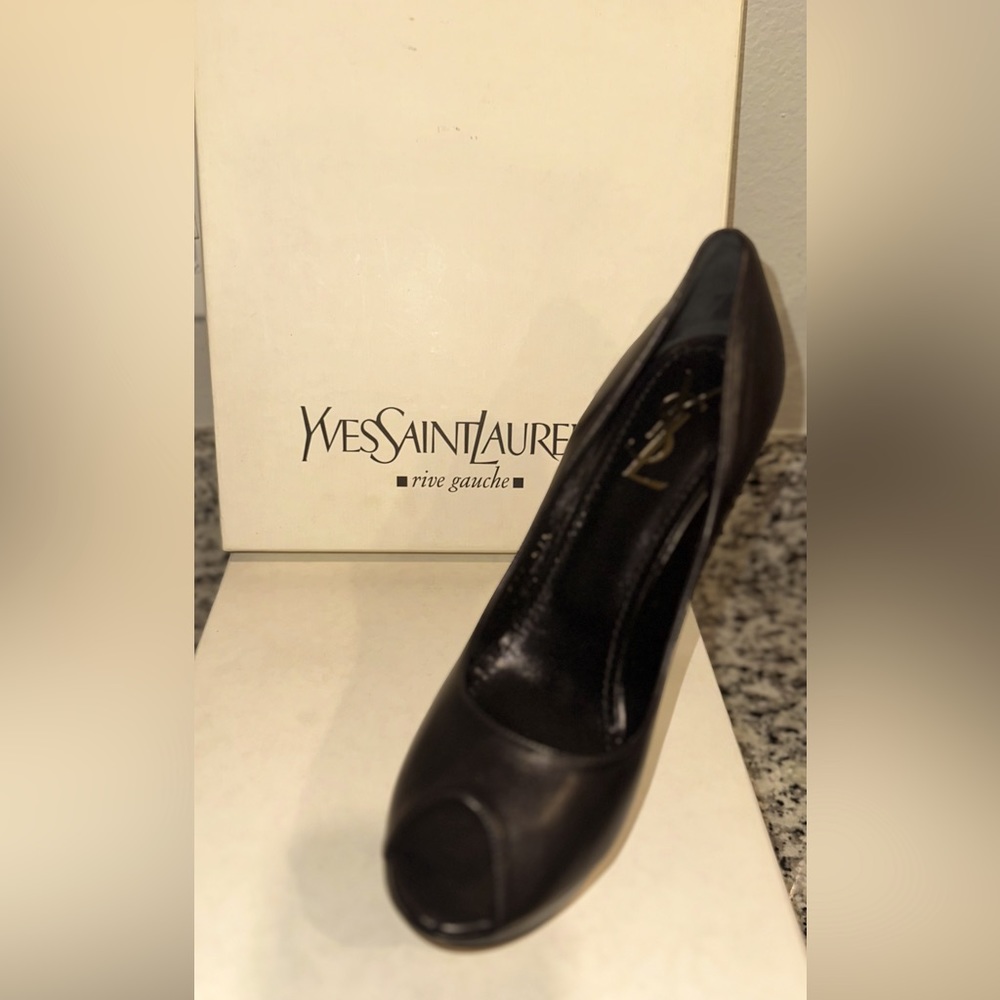 Saint Laurent black platform peep-toe leather heels